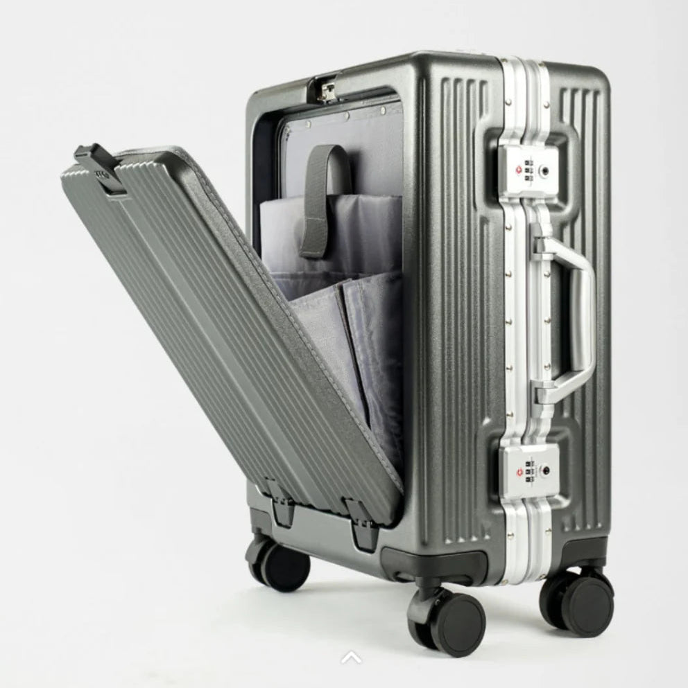 Valise de voyage avec porte-gobelet, cadre en aluminium, Compartiment ordinateur, valise à mot de passe, ouverture avant