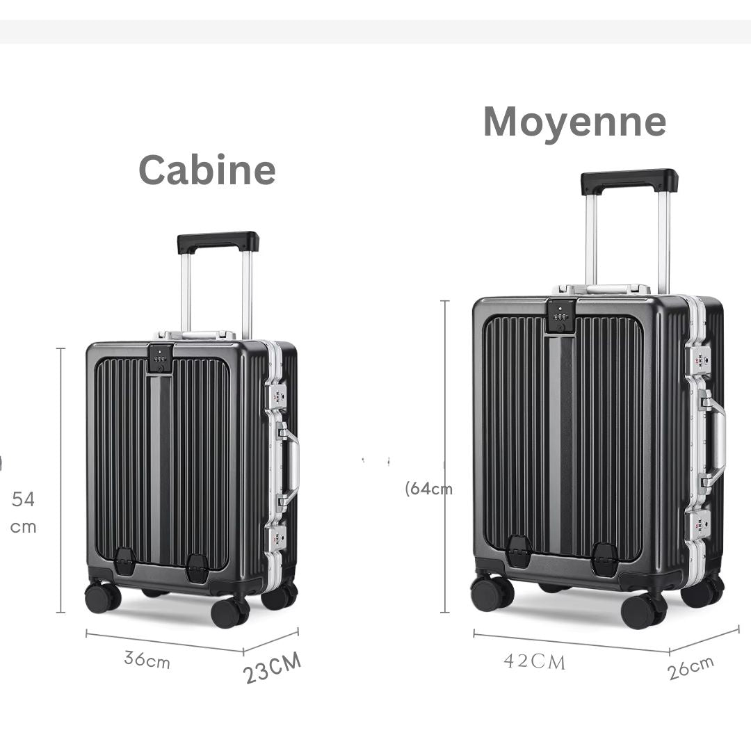 Valise de voyage avec porte-gobelet, cadre en aluminium, Compartiment ordinateur, valise à mot de passe, ouverture avant